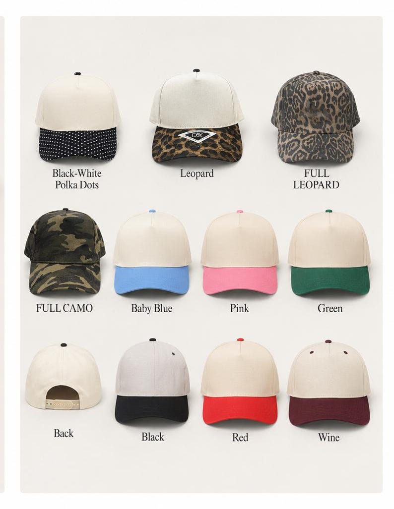 a collection of various baseball caps in different colors and patterns, including black and white polka dots, leopard print, full camo, baby blue, pink, green, back, black, red, and wine.