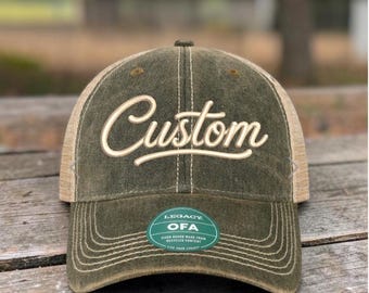 Custom Vintage Trucker Hat | 3D Puff Embroidered Hat | Personalized Cursive Script Hat | Distressed Snapback Cap