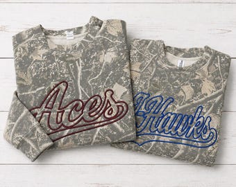 Personalized Embroidered Sports team Camo Sweatshirt, Custom Team Name Embroidered Game Day Crewneck, Game day Camo shirt