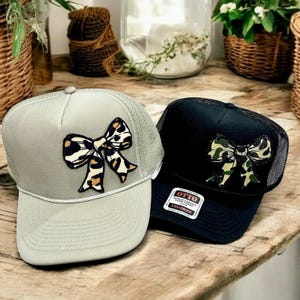 Camo Bow Trucker Hat, Leopard Bow Women&#39;s Hat, Hunting gift for her, Cowboy Trucker Hat, Nashville Style Hat, Duck Camo trucker hat, Camo