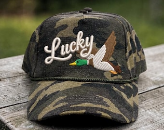 Lucky Duck 3D Puff Embroidered Canvas Hat | Custom Thread Color Trucker Hat | Vintage Duck Hunting Hat | Lucky Duck Hat Gift