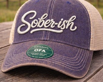 Sober-ish 3D Puff Embroidered Vintage Trucker Hat, Adjustable Snapback Hat, Custom Thread Color, Distressed Baseball Cap, Wild one hat
