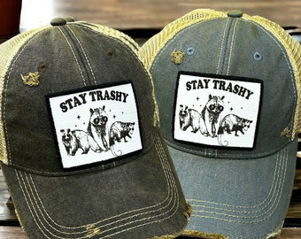 Stay Trashy Vintage washed Trucker Hat, Funny Stay Trashy Raccoons Opossums Squad Team Trash Vintage washed hat, Funny vintage Trucker Hat