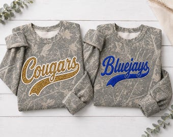 Personalized Sparkle Embroidered Sports team Camo Sweatshirt, Custom Team Name Embroidered Game Day Crewneck, Game day Camo shirt