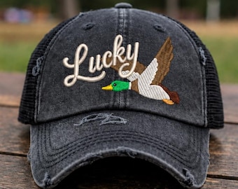 Lucky Duck Embroidered Dad Hat | 3D Puff Lucky Hat | Custom Thread Color Ponytail Hat | Vintage Duck Trucker Cap Gift