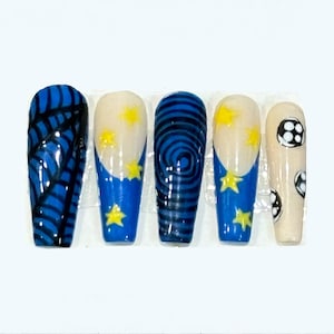 Reusable Custom Caraline inspired press on nails|Webs, Blue french tips, buttons|Custom shapes and lengths|