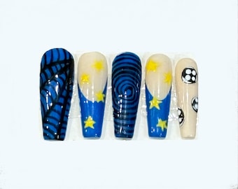 Coraline Inspired Press On Nails: Blue French Tips, Custom Shapes