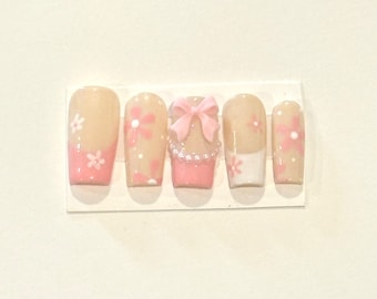 Pink Floral Coquette Press On Nails: French Tips, Bows, Pearls