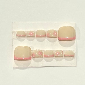 Pink Spring Summer press on toes|Flowers, French tips, pink, white|Custom sizes and lengths