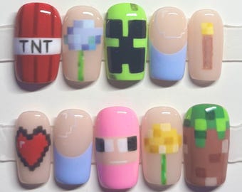 Mine and craft dirt block game Press on Nails|Creepers, flowers, sheep, torch, tnt, dirt block |Custom shapes and lengths|