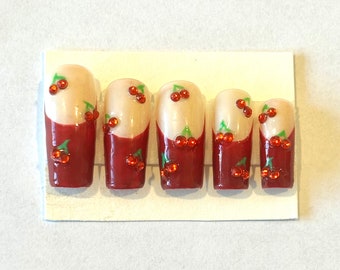 Cherry Gem Red French Tip Press On Nails: Custom Reusable Nail Set