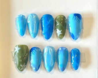 3D Ocean Press On Nails: Blue Green Jellyfish, Custom Handmade