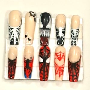 Reusable Custom Spider Venom Press on Nails|Cool spidernails, French tips, webs,hearts |Custom shapes and lengths|