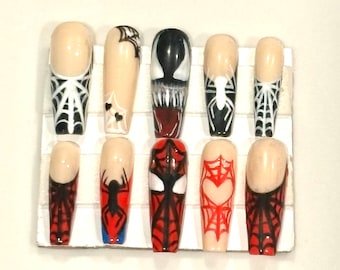 Uñas postizas personalizadas de Spider-Man y Venom: Puntas francesas con diseño de telaraña pintadas a mano