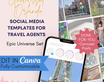 Szablony karuzeli dla agentów podróży w parkach rozrywki / Posty na Instagramie Epic Universe Canva + podpisy / Zestaw treści marketingowych dla branży turystycznej