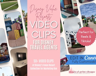 May include: A collage of video clips showcasing Disney Value Resorts, perfect for travel agents to use in marketing materials. The text "Disney Value Resorts Video Clips for Disney Travel Agents" is displayed in a pink background. The text "50+ Video Clips of Disney's Value Resort Collection for Marketing Use" is displayed below the main text. The text "Perfect for Reels & Tiktoks!" is displayed in a pink circle. The text "EDIT IN Canva Fully Customizable" is displayed in a blue rectangle. The text "magical print shoppe PLANNERS, GUIDES, AND TEMPLATES" is displayed below the blue rectangle.