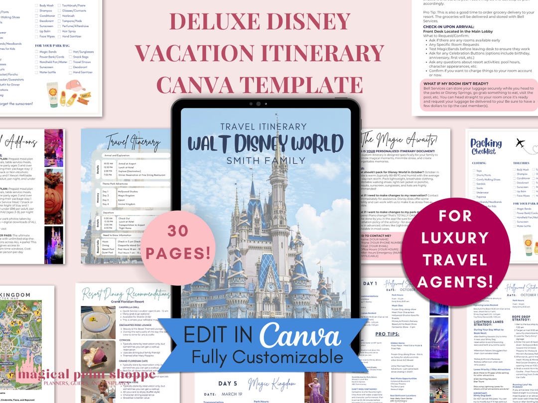 Deluxe WDW Itinerary Template 30page Orlando Theme Park Vacation