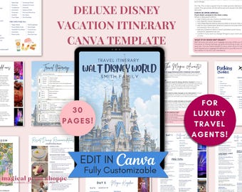 Plantilla de itinerario de lujo para WDW / Planificador de vacaciones de 30 páginas para parques temáticos de Orlando / Plantilla editable de Canva para agentes de viajes