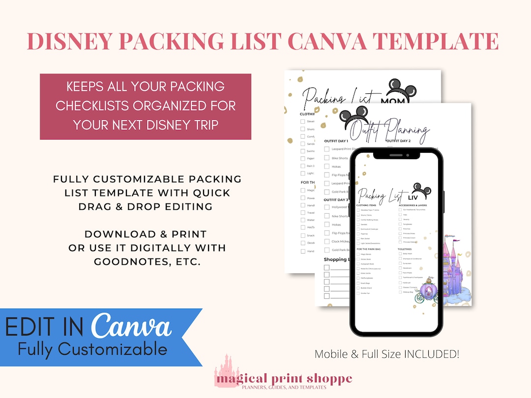 Travel Checklist for Theme Park Vacations / Vacation Packing Checklist Canva Template / WDW