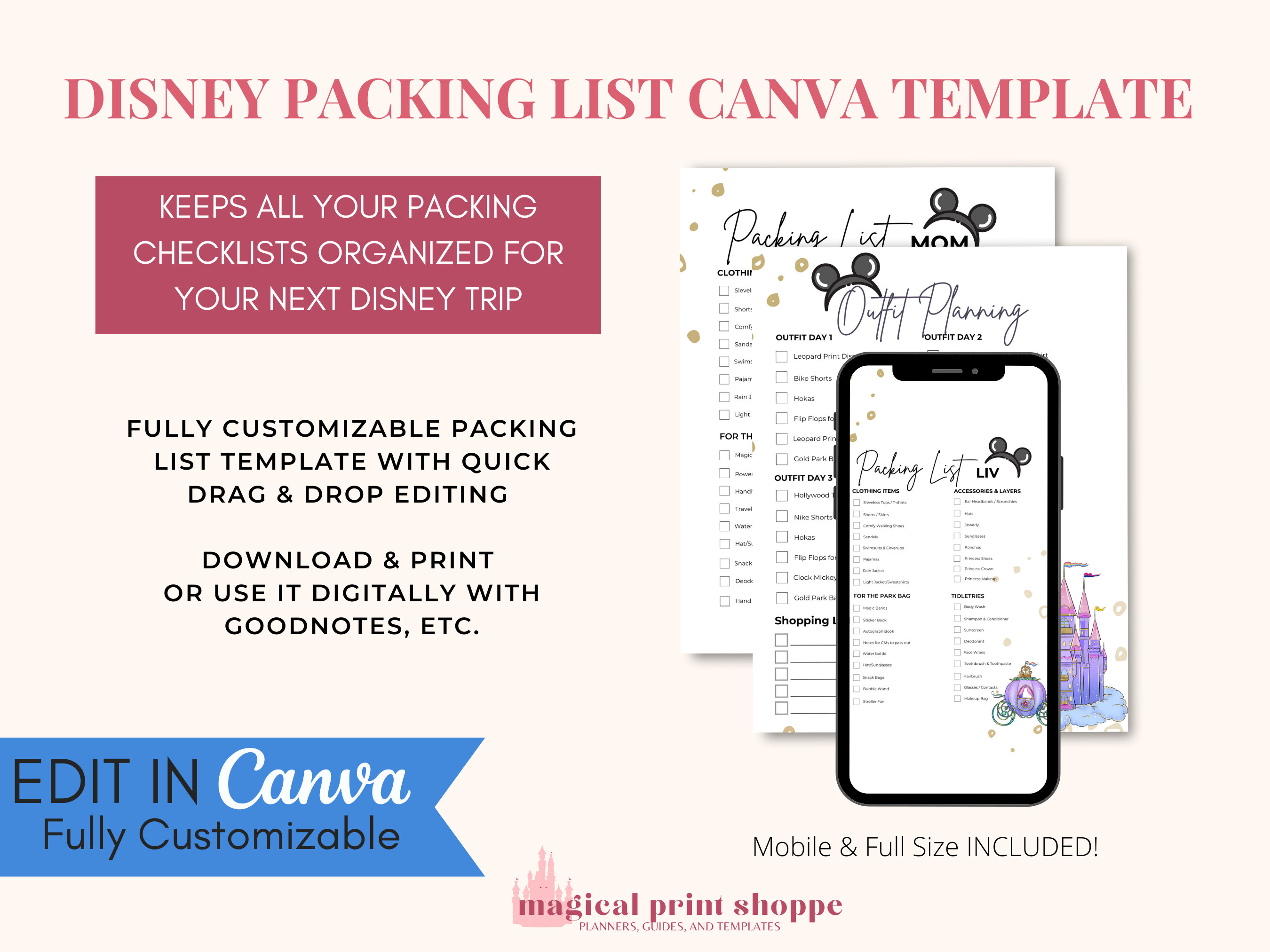 WDW Vacation Packing List / Canva Template Travel Checklist for Theme Park Vacations /  WDW Vacation Printables