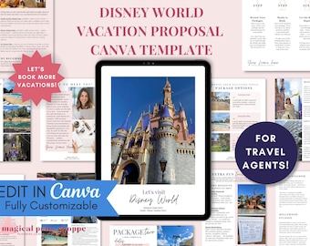 Puede incluir: Una plantilla Canva rosa y blanca para una propuesta de vacaciones en Disney World. La plantilla presenta una foto del Castillo de Cenicienta, el texto "Let's visit Disney World" y las palabras "Edit in Canva" en un cuadro azul. La plantilla está diseñada para agentes de viajes.