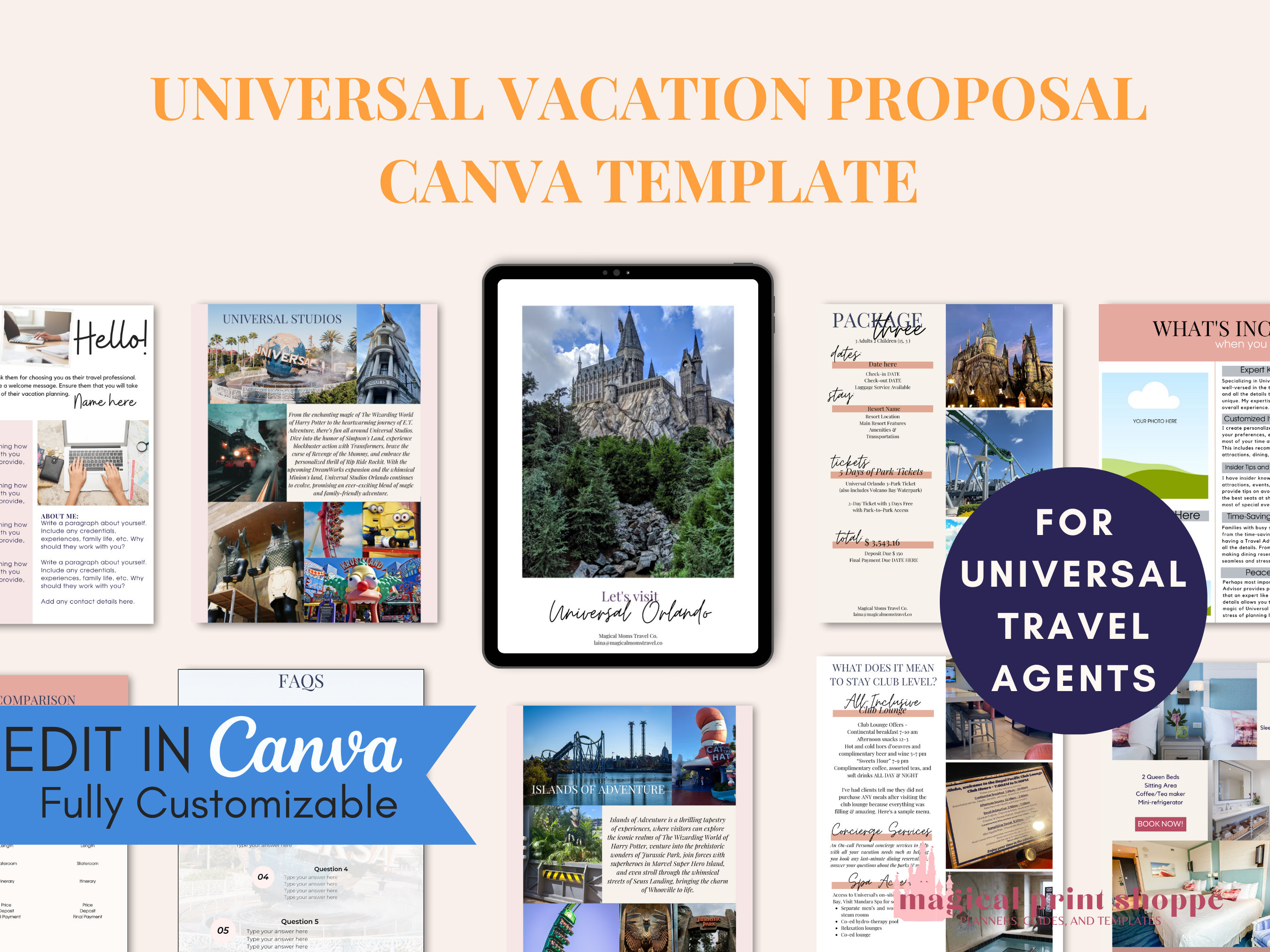 Travel Agent Universal Vacation Proposal CANVA Template / Travel Advisor Vacation Quote Templates / Universal Travel Agent Canva Template