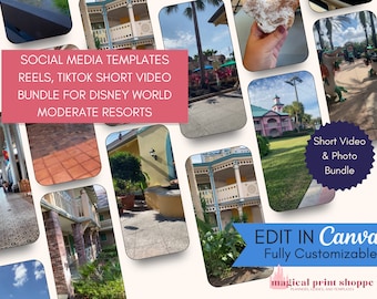 Könnte beinhalten: Eine Collage von Bildern, die die gemäßigten Resorts in Disney World zeigen. Die Bilder beinhalten Außenaufnahmen der Resorts, Nahaufnahmen der Architektur und Details wie die Landschaftsgestaltung und den Fliesenboden. Der Text "SOCIAL MEDIA TEMPLATES REELS, TIKTOK SHORT VIDEO BUNDLE FOR DISNEY WORLD MODERATE RESORTS" wird in einem rosa Kasten oben in der Collage angezeigt. Der Text "Short Video & Photo Bundle" wird in einem blauen Kreis unten rechts in der Collage angezeigt. Der Text "EDIT IN Canva Fully Customizable" wird in einem blauen Band unten in der Collage angezeigt. Der Text "magical print shoppe PLANNERS, GUIDES, AND TEMPLATES" wird in einem weißen Kasten unten in der Collage angezeigt.