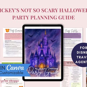 以下が含まれることがあります： タブレット画面に表示されたMickey's Not So Scary Halloween Partyのデジタル計画ガイド。紫色の城のイラスト、幽霊、コウモリが描かれており、テキストやアイコンが記載された複数の印刷可能なページに囲まれています。