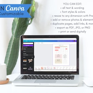 May include: A laptop computer displaying a calendar template in Canva, a graphic design platform. The calendar is for January and has pink and white accents. The text "EDIT IN Canva" and "Fully Customizable" is displayed on a blue banner above the laptop. The text "YOU CAN EDIT:" is displayed on a white background above the laptop. The text below "YOU CAN EDIT:" lists the features of the Canva platform.