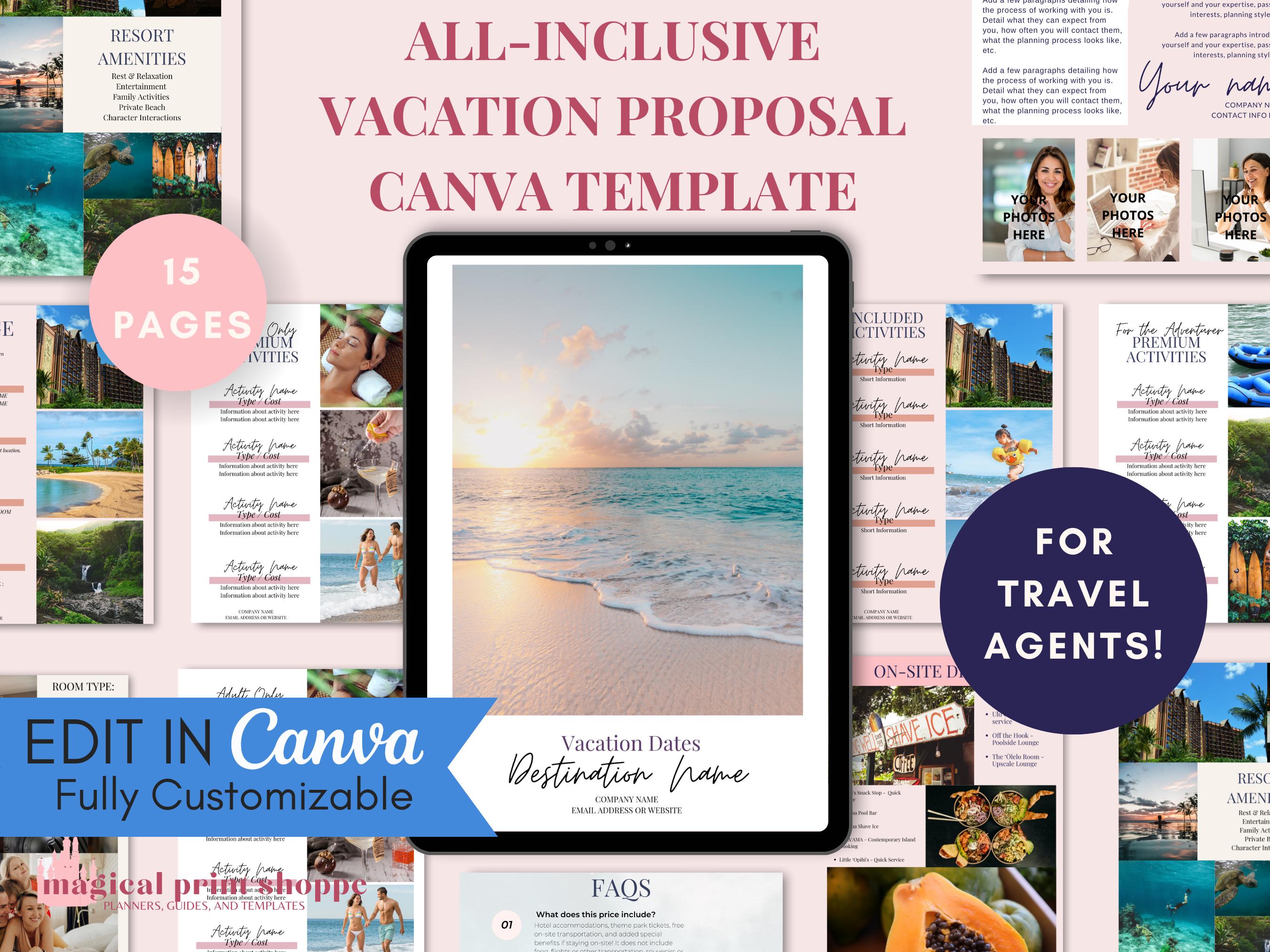 All Inclusive Travel Agent Vacation Proposal CANVA Template / Travel Advisor Vacation Quote Templates / Travel Agent Editable Canva Template