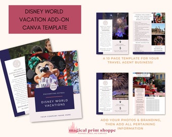May include: A 10-page Canva template for Disney World vacation add-ons. The template features a blue and white color scheme with a Mickey Mouse illustration. The text "Enchanting Extras" and "Disney World Vacations" is featured on the template. The template is designed for travel agents.
