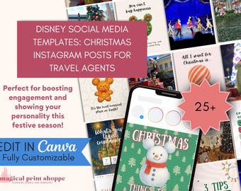 Social Media Posts for Travel Agents for Christmas |  Holiday WDW Travel Instagram Canva Templates | Travel Agency Marketing Content