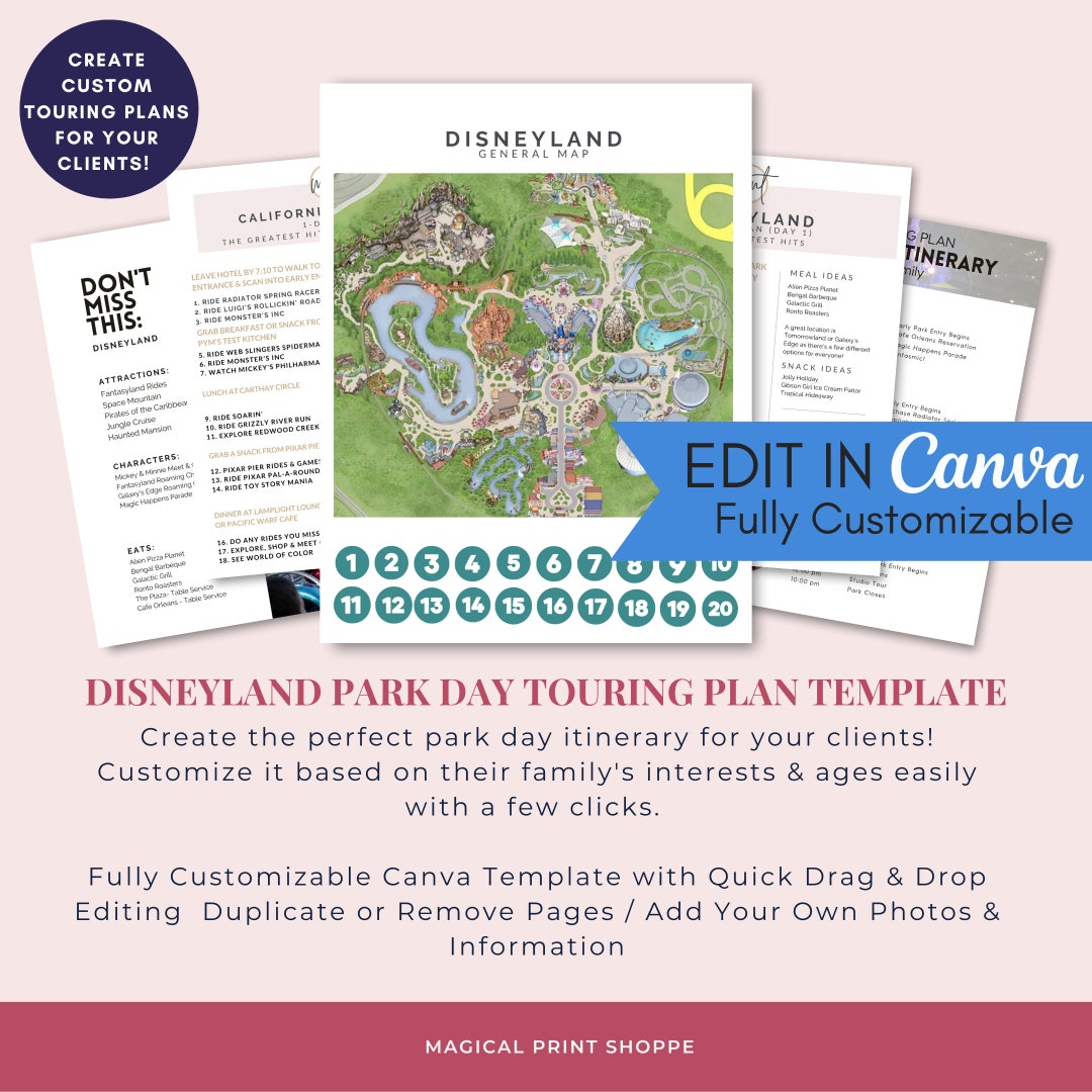 DLR Touring Plan Itinerary Canva Template / Daily Park Day Itinerary ...