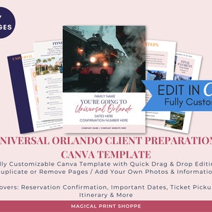 May include: A Canva template for Universal Orlando client preparation. The template includes 7 pages with a cover featuring a vintage train and the text "You're Going to Universal Orlando". The template is fully customizable and includes sections for itinerary, important dates, ticket pickup, and more.