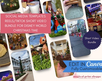 May include: A collage of images showcasing the magic of Disney World during Christmas time. The images include festive decorations, food, and characters. The text "SOCIAL MEDIA TEMPLATES REELS/TIKTOK SHORT VIDEO BUNDLE FOR DISNEY WORLD CHRISTMAS TIME" is displayed in a pink box. The text "Short Video Bundle" is displayed in a blue star shape. The text "EDIT IN Canva Fully Customizable" is displayed in a blue box. The text "magical print shoppe PLANNERS, GUIDES, AND TEMPLATES" is displayed in a blue box with a Disney castle logo.