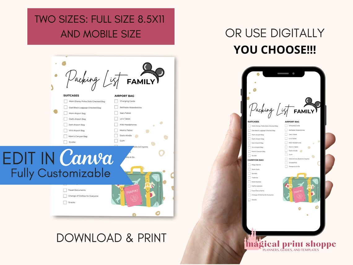 WDW Vacation Packing List / Canva Template Travel Checklist for Theme ...