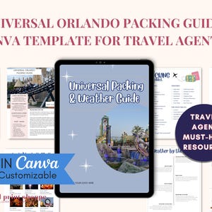 Può includere: Un tablet digitale mostra una Guida all'imballaggio e alle previsioni meteo di Universal per agenti di viaggio. La guida presenta un design blu e bianco con immagini di Universal Orlando. Il testo include "Edit in Canva" e "Travel Agent Must-Have Resource!"