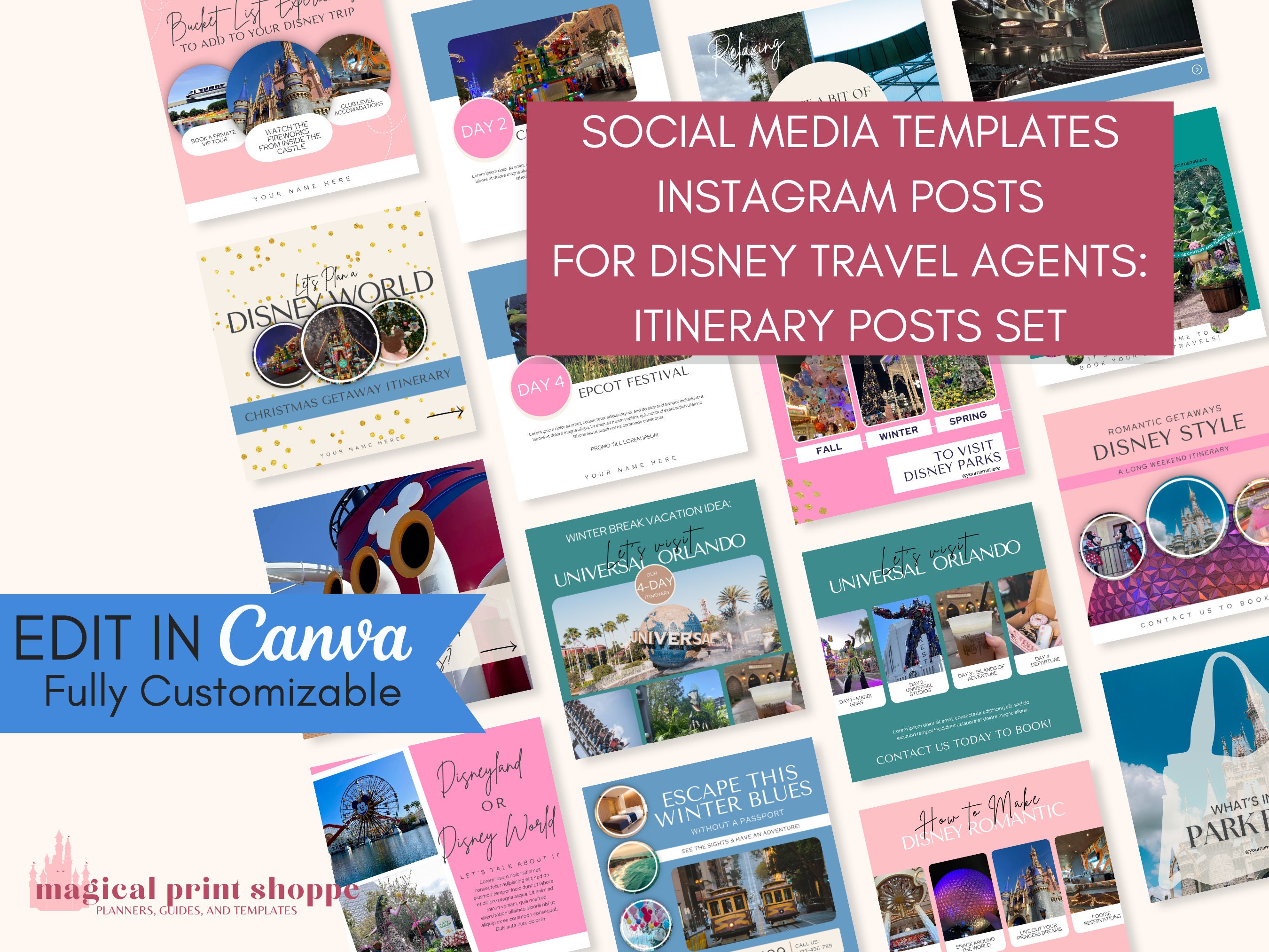 Social Media Templates for WDW Travel Agents | Travel Agent Content Instagram | Travel Agency Marketing Canva Templates Itineraries