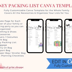 May include: A printable Disney packing list Canva template for the whole family. The template includes separate pages for each family member, a family packing list, and outfit planning checklists. The template is fully customizable and can be edited in Canva.