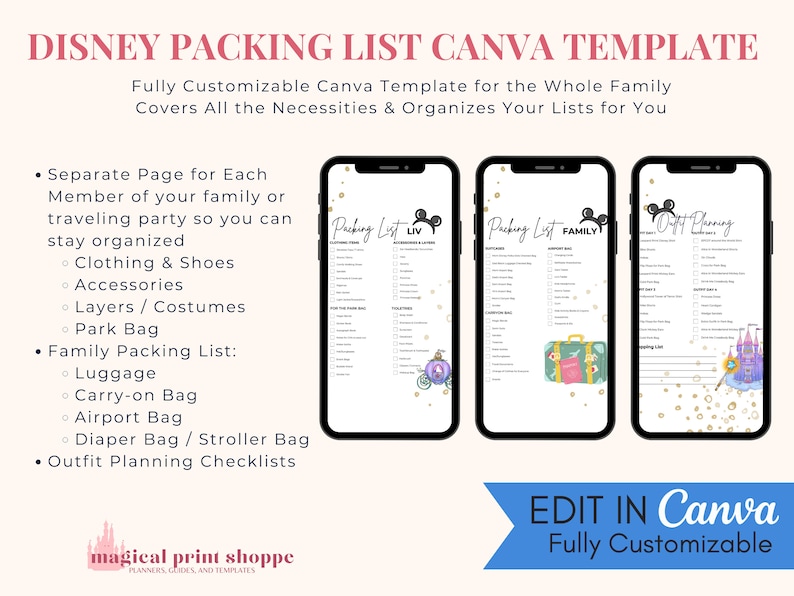 May include: A printable Disney packing list Canva template for the whole family. The template includes separate pages for each family member, a family packing list, and outfit planning checklists. The template is fully customizable and can be edited in Canva.