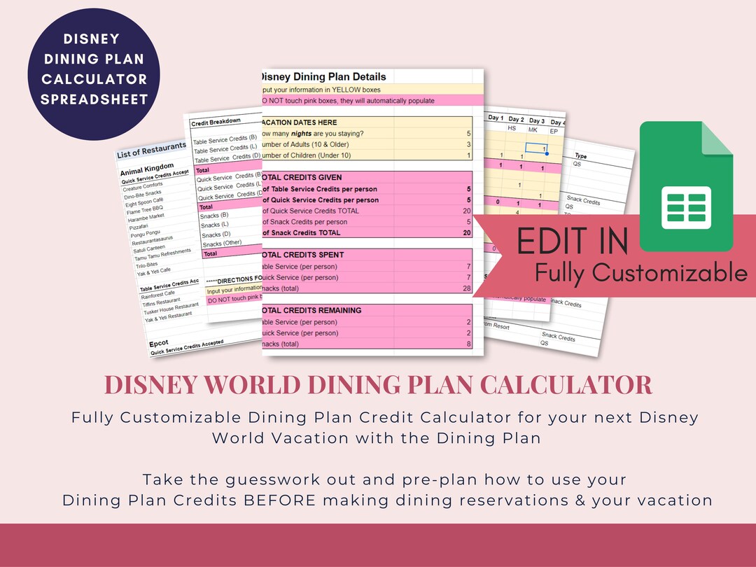 2024 WDW Dining Plan Calculator / Travel Agent Template / WDW Etsy UK