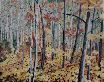 16x20 Inch Original Acrylic Painting - Canadian birch forest, looking into the forest from a hiking trail