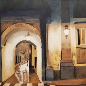 May include: A painting of a narrow, arched street at night. The street is lit by a single lamppost and the light shines through the archway. The street is empty except for a single figure walking in the distance.