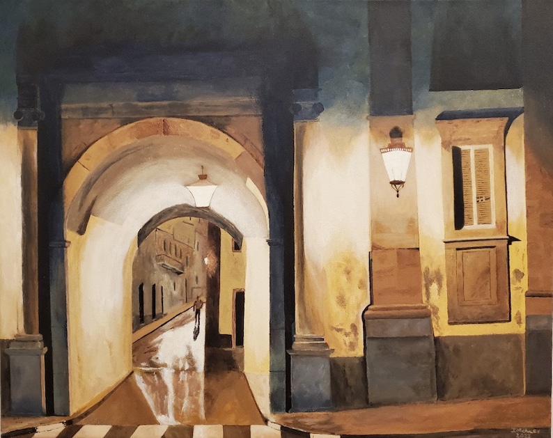 May include: A painting of a narrow, arched street at night. The street is lit by a single lamppost and the light shines through the archway. The street is empty except for a single figure walking in the distance.