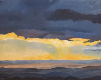 12x16 Inch Original Acrylic Painting - Dark ominous clouds over rolling hills