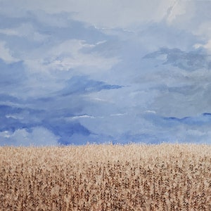 May include: A painting depicting a field of wheat with a blue sky and white clouds in the background.