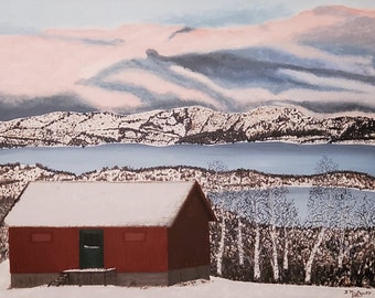 16x20 Inch Original Acrylic Painting - Red barn in Abisko, Sweden overlooking frozen lake