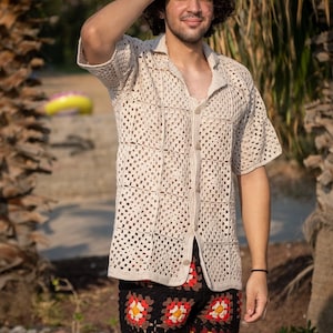 Crochet Shirt, Unisex Shirt, Crochet Overshirt, Vintage Crochet Shirt, Crochet Beach Shirt, Handmade Summer Shirt for Men