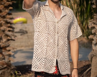 Crochet Shirt, Unisex Shirt, Crochet Overshirt, Vintage Crochet Shirt, Crochet Beach Shirt, Handmade Summer Shirt for Men