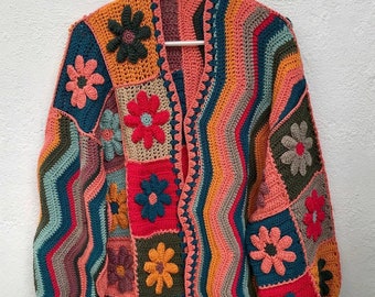 Crochet Granny Square Jacket for Women, Granny Square Cardigan, Crochet Floral Jacket, Handmade Granny Square Cardigan, Oversize  Cardigan